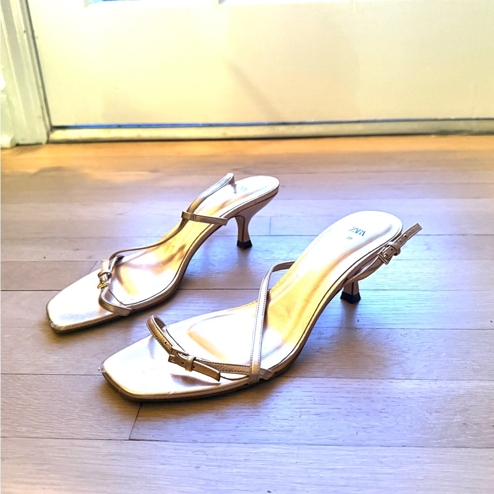 Zara Metallic Gold Strappy Kitten Heel Sandals